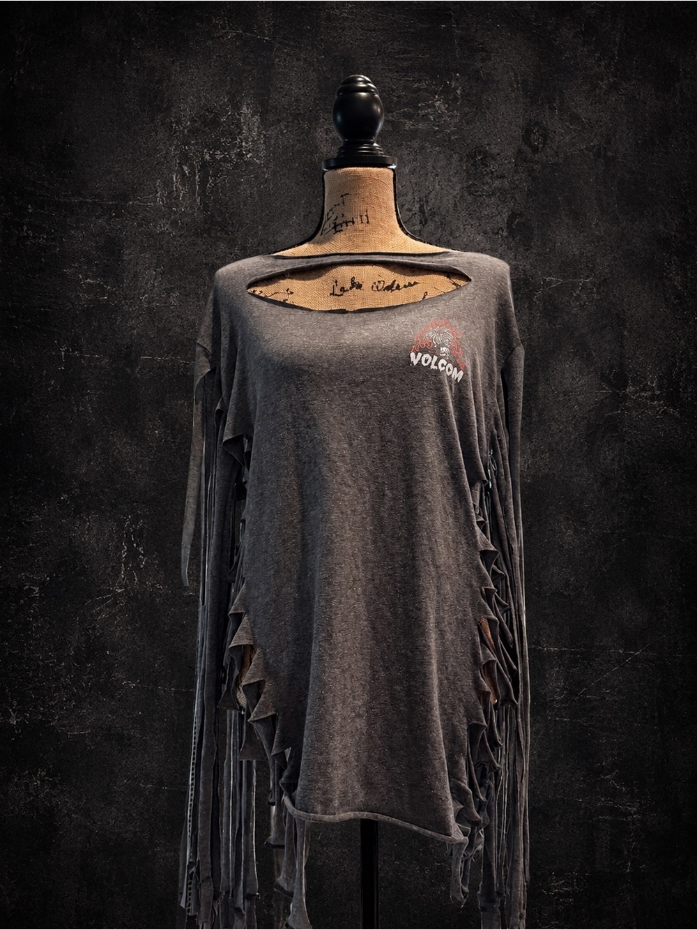 Volcom Women's Charcoal Gray Fringe Cutout Pullover